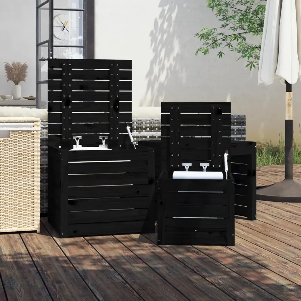 Garden Storage Box Set 3 Piece Outdoor Use Black Solid Wood Pine