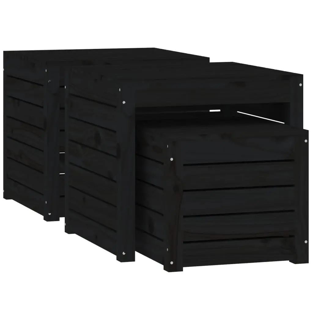 Garden Storage Box Set 3 Piece Outdoor Use Black Solid Wood Pine