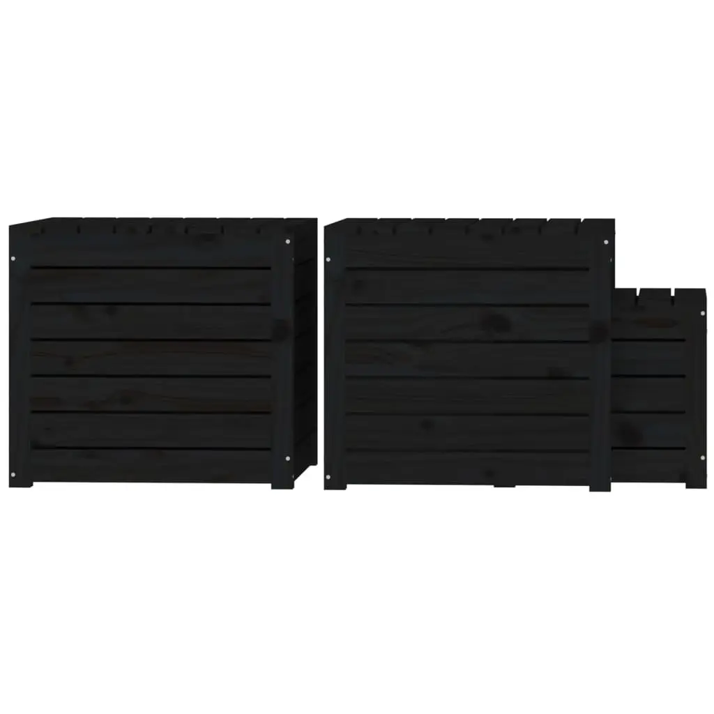 Garden Storage Box Set 3 Piece Outdoor Use Black Solid Wood Pine