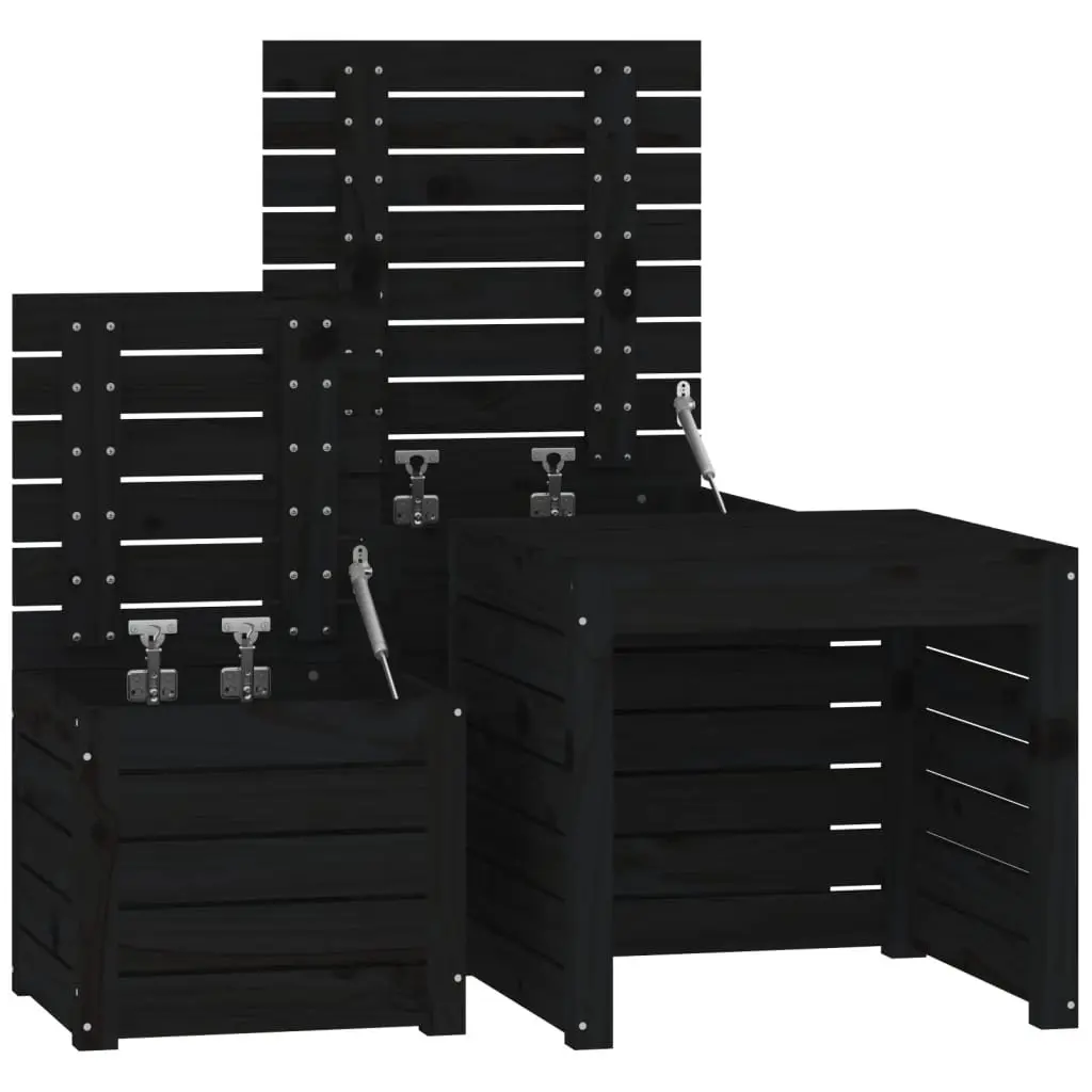 Garden Storage Box Set 3 Piece Outdoor Use Black Solid Wood Pine