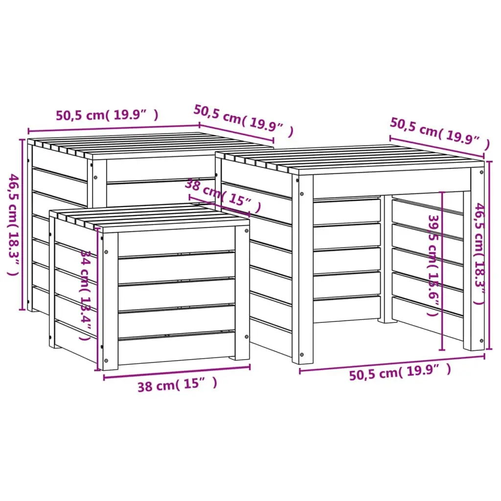 Garden Storage Box Set 3 Piece Outdoor Use Black Solid Wood Pine