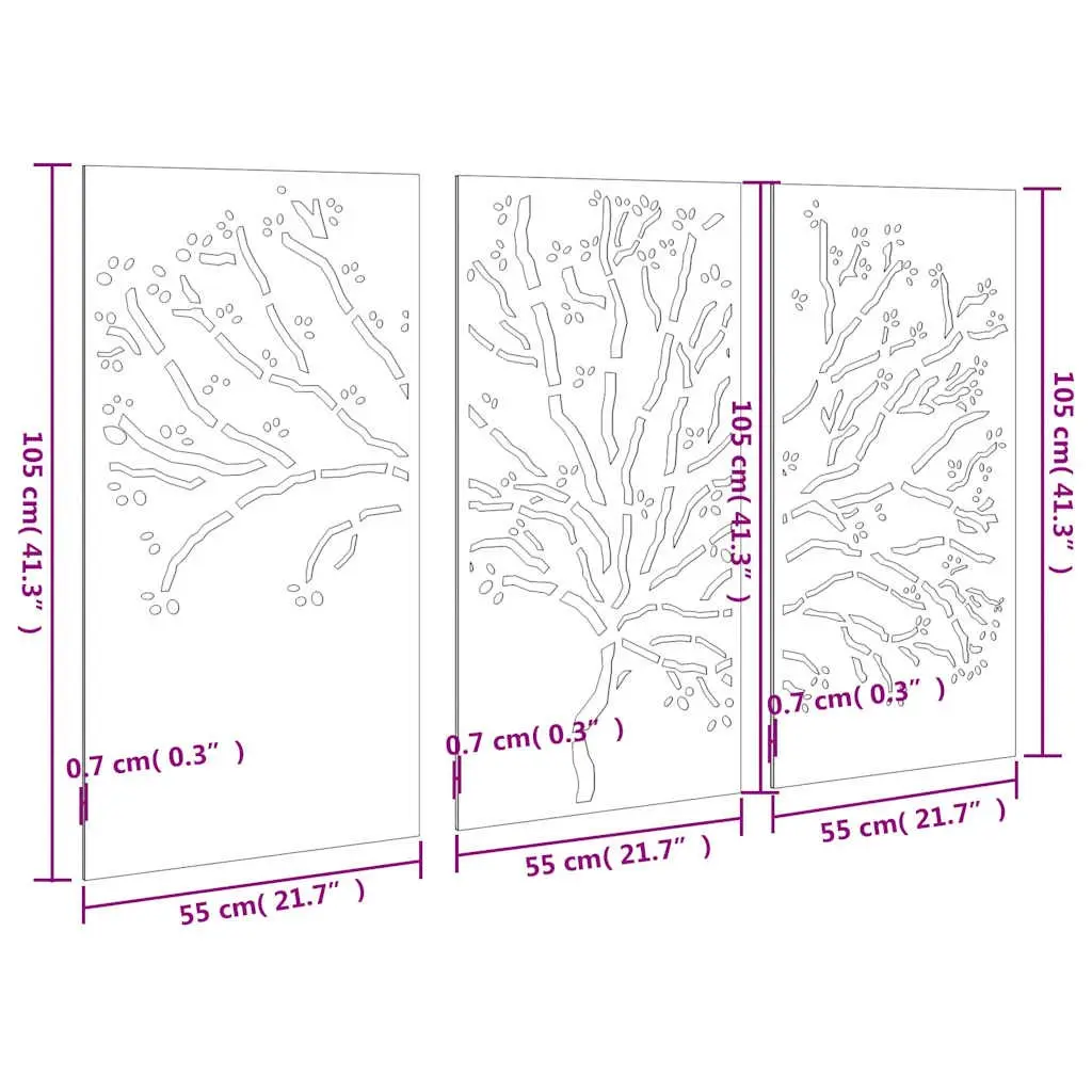 Garden Wall Art Decorations 3 pcs Tree Design Outdoor Metal Panels 105x55 cm