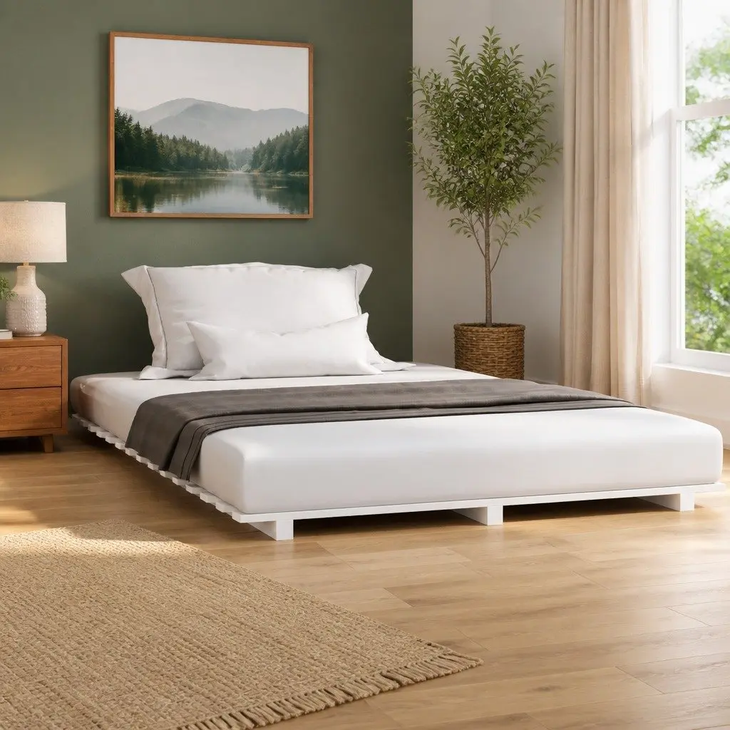 Bed Frame Bedroom 150x200 cm White Solid Pine Wood Slatted Base