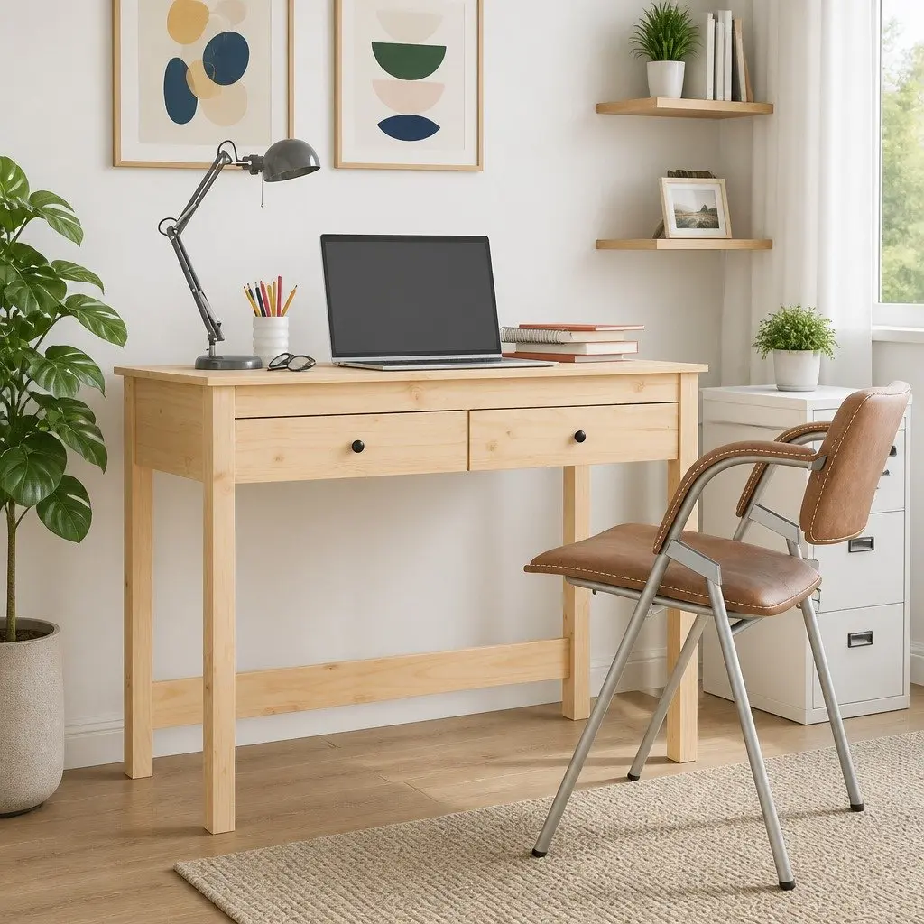 Solid Pine Wood Desk with 2 Drawers Brown Office Study Table 100x50x78 cm