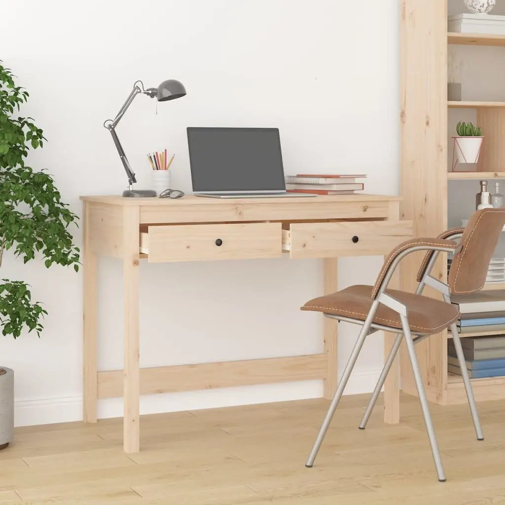 Solid Pine Wood Desk with 2 Drawers Brown Office Study Table 100x50x78 cm