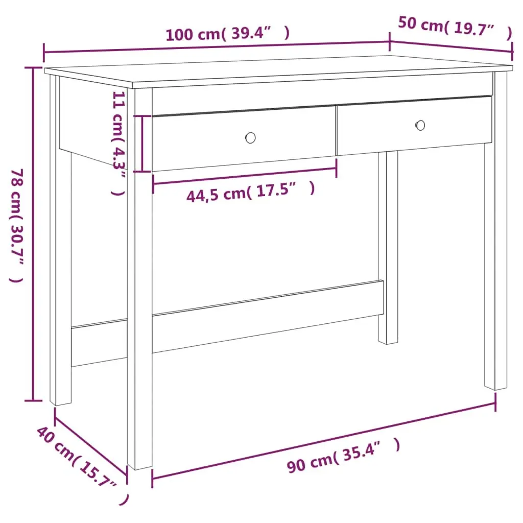 Solid Wood Pine Desk for Office Study White 100 x 50 x 78 cm