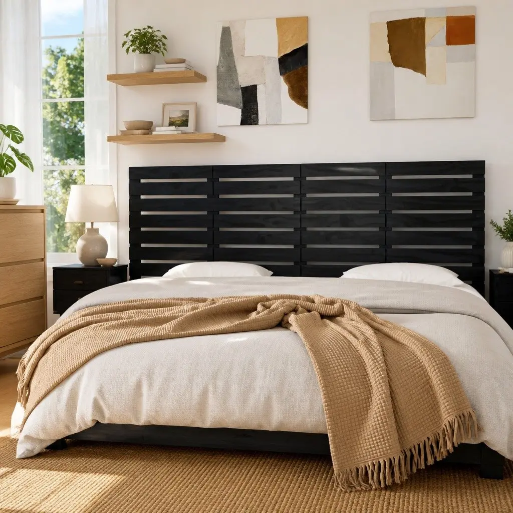 Black Wall-Mounted Headboard 186 cm Solid Pine Wood Bedroom Bed Support