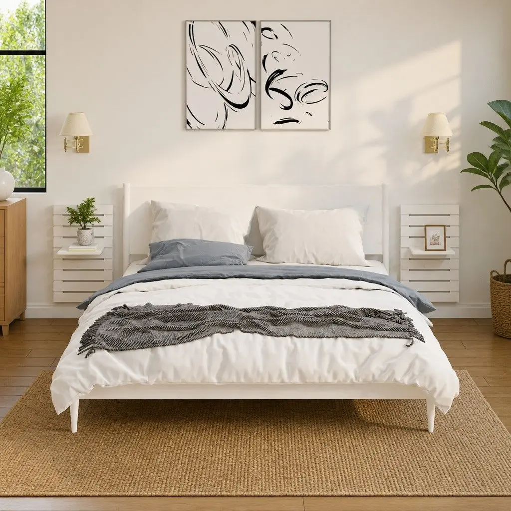 Wall-mounted Shelves for Bedroom or Living Space 2 Piece White Solid Pine Wood Storage Display