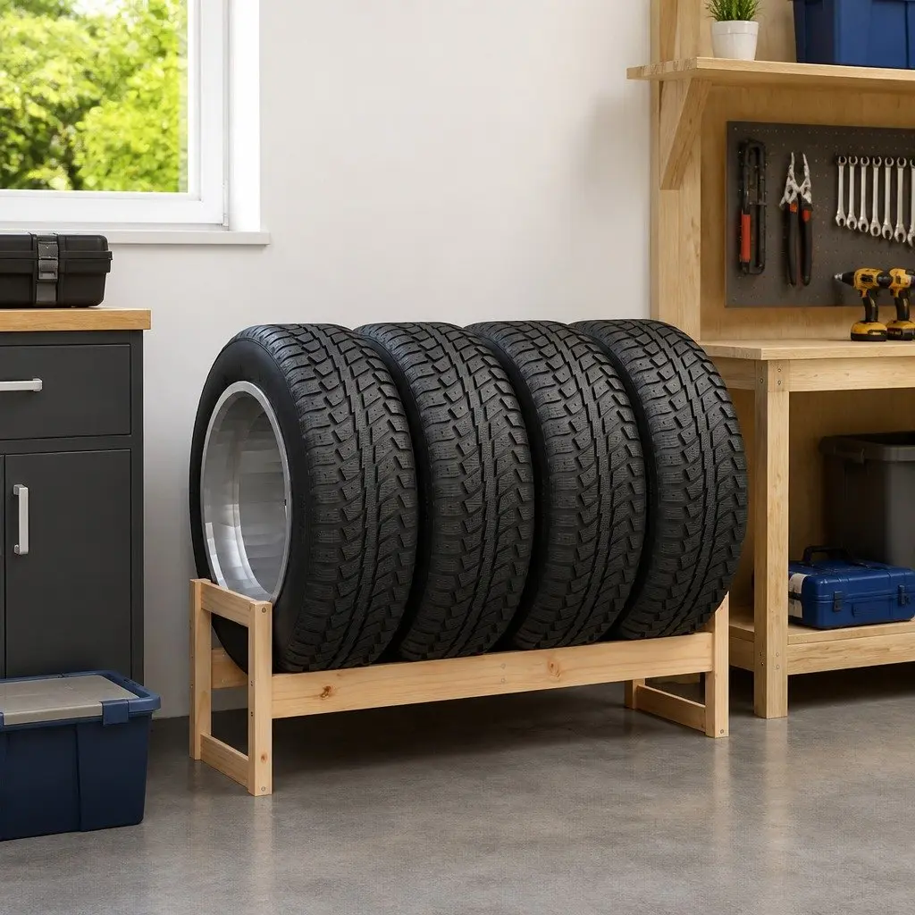 Tire Rack Storage Shelf Garage Workshop Solid Wood 120x40x40cm