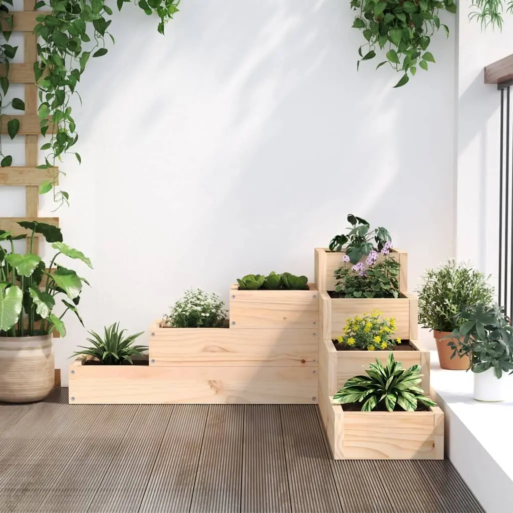 Garden Planter L-Shaped 4-Tier Wooden Flower Plant Box Outdoor Patio Deck