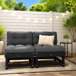 Outdoor Middle Sofa with Cushions Black Solid Wood Pine Garden Sectional