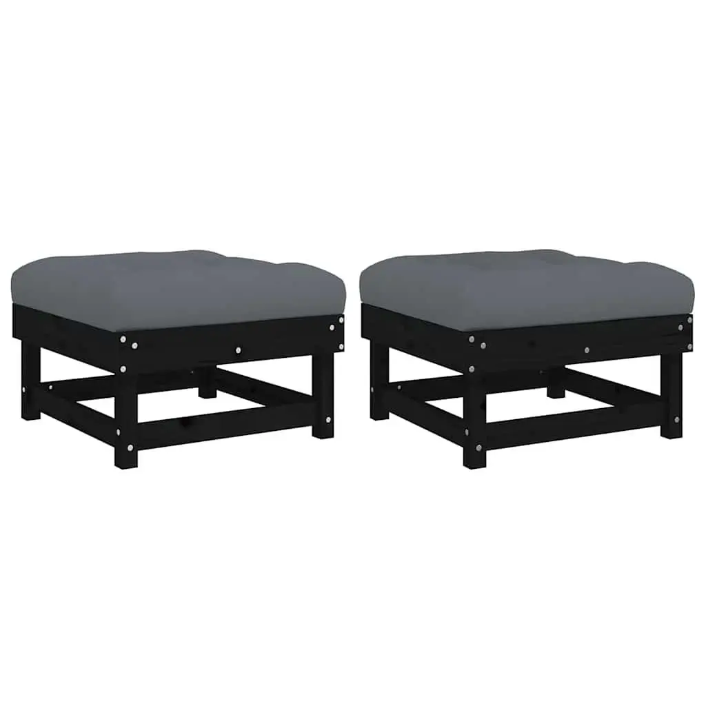Outdoor Garden Footstools Set of 2 with Cushions Black Wood
