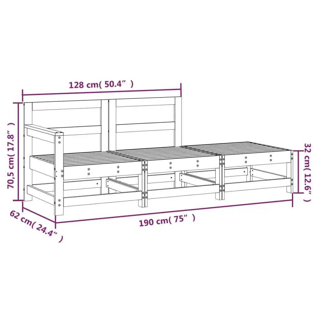 Garden Lounge Set 3 Piece Outdoor Sectional Sofa Patio Furniture Solid Wood Pine