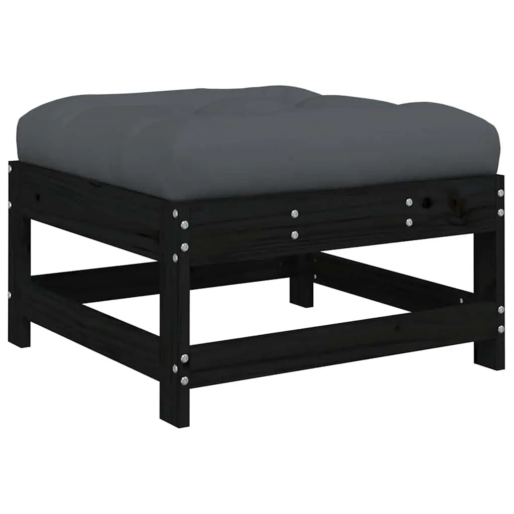 Outdoor Garden Footstools Set of 2 with Cushions Black Wood Patio Seating