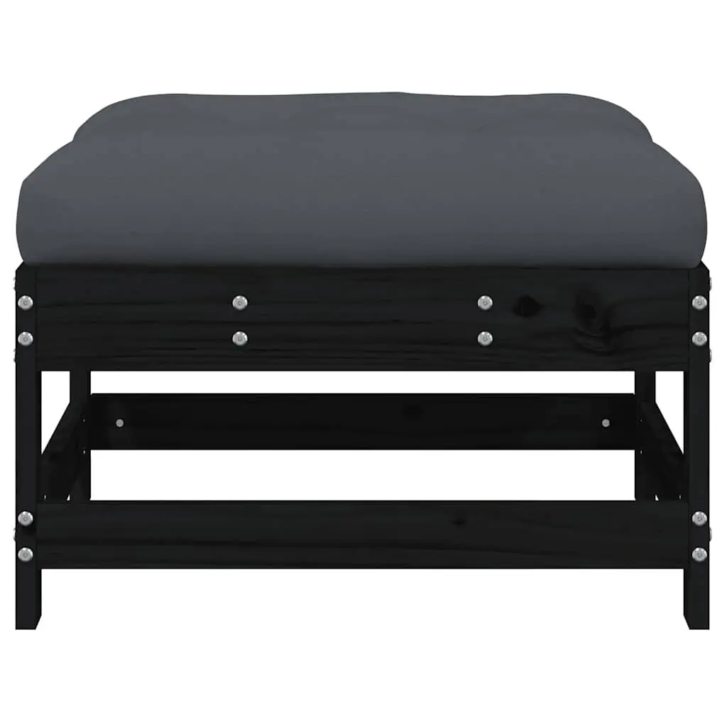 Outdoor Garden Footstools Set of 2 with Cushions Black Wood Patio Seating
