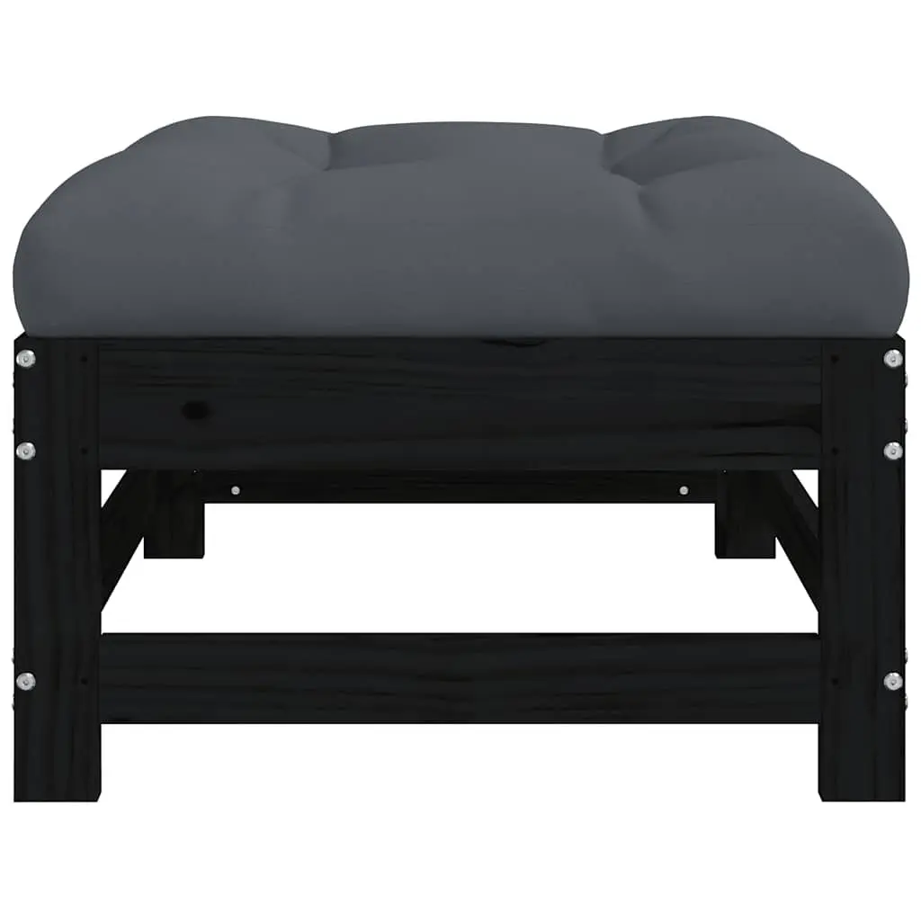 Outdoor Garden Footstools Set of 2 with Cushions Black Wood Patio Seating