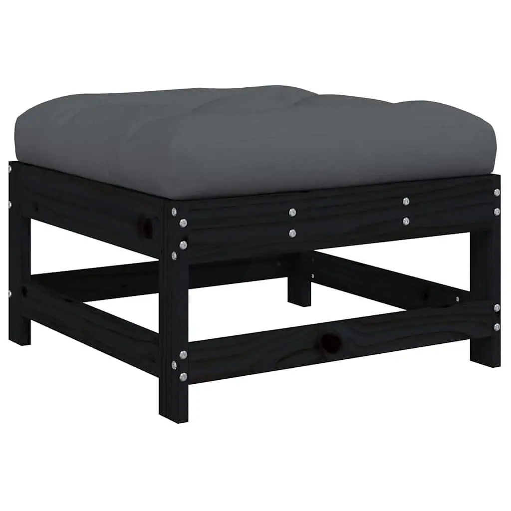 Outdoor Garden Footstools Set of 2 with Cushions Black Wood Patio Seating