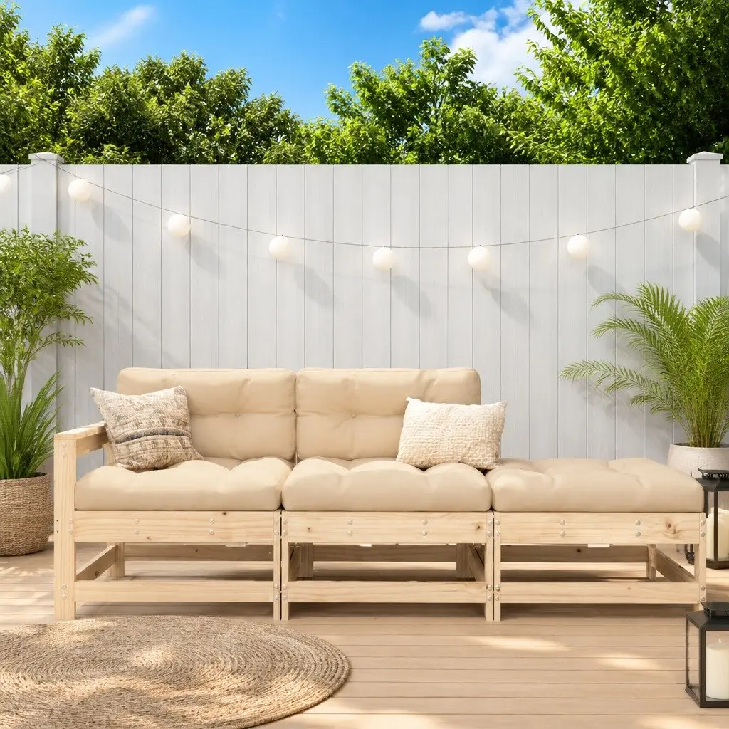 3 Piece Modular Lounge Set with Pine Wood and Cushions