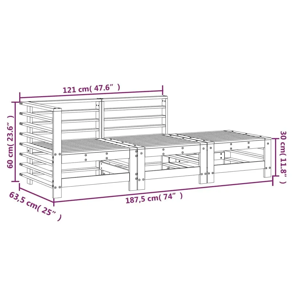 3 Piece Pine Wood Garden Sofa Set