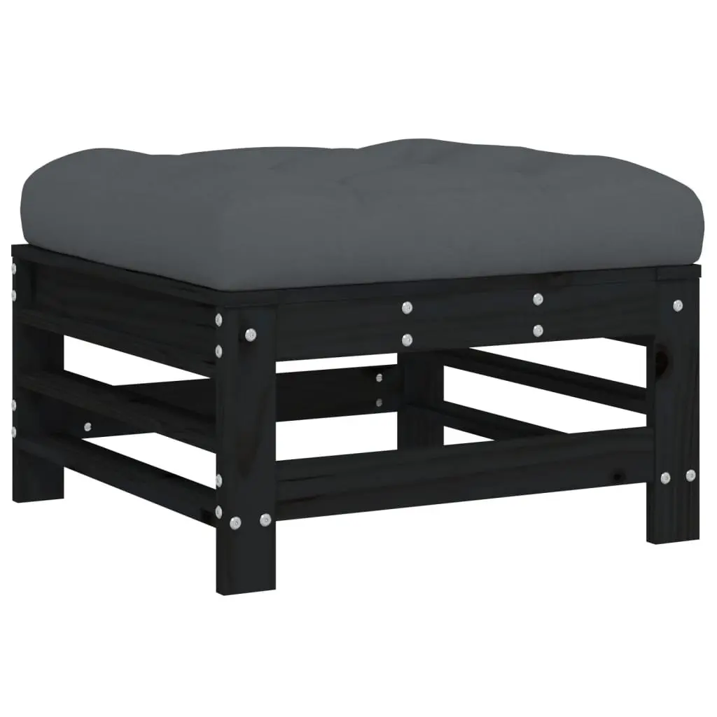 Outdoor Garden Footstool with Cushion Black Solid Pine Wood Slatted Design