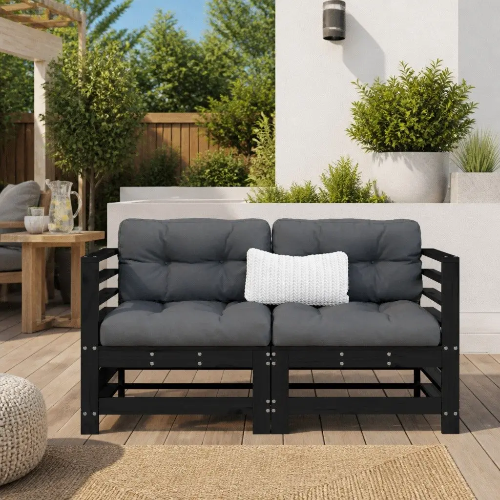 Corner Sectional Sofa for Garden Patio 2 pcs Black with Cushions
