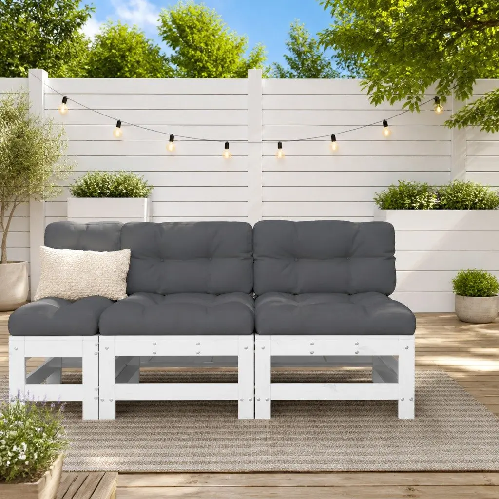 Outdoor Middle Sectional Sofa 2 pcs White Wood Cushions Garden Patio Furniture