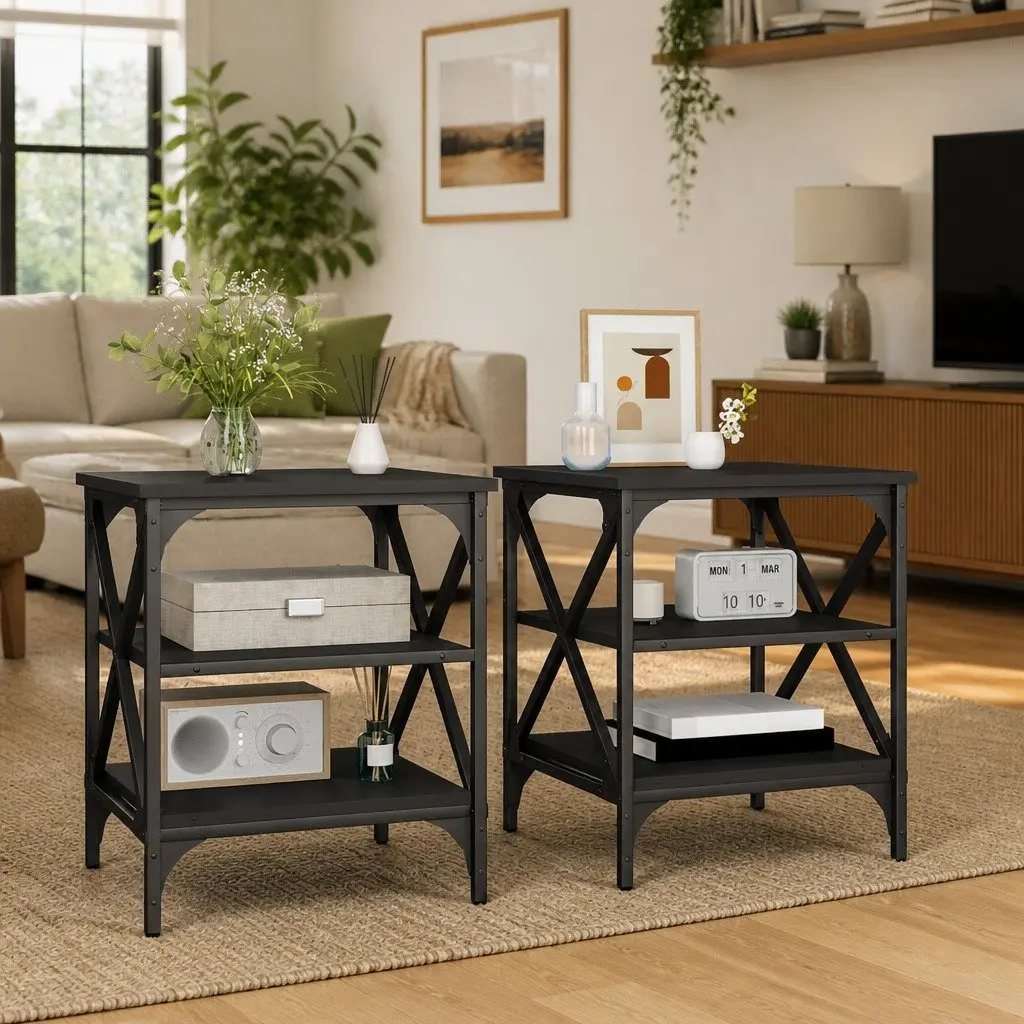 End Tables Black 40x42x50cm Industrial Style Storage Side Tables 2 Piece
