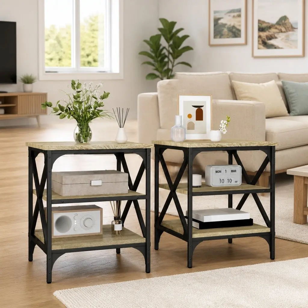 End Tables Set of 2 Living Room Bedroom Sonoma Oak Brown Engineered Wood Storage