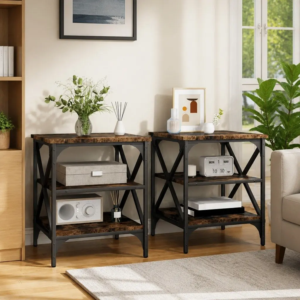 End Tables for Living Room or Bedroom 2 Piece Brown Industrial Side Table Engineered Wood Storage Furniture