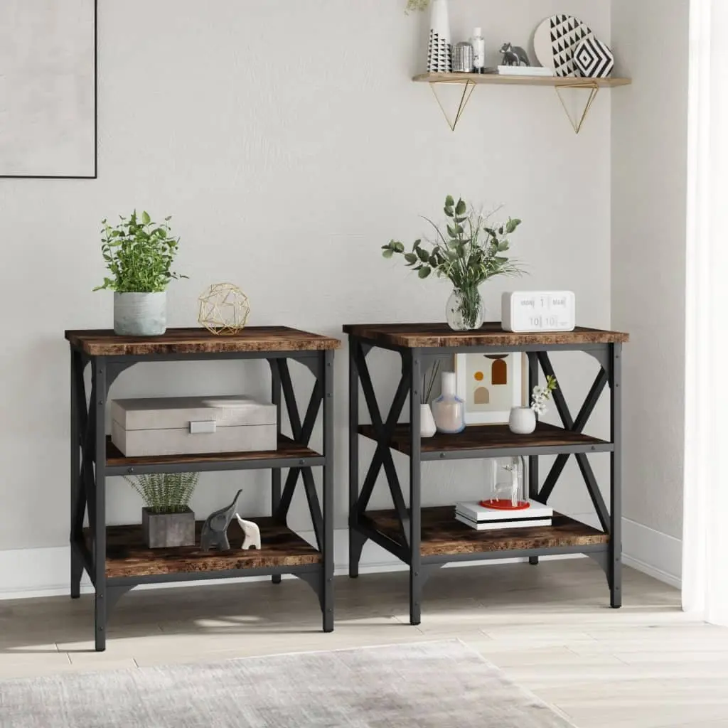 End Tables for Living Room or Bedroom 2 Piece Brown Industrial Side Table Engineered Wood Storage Furniture