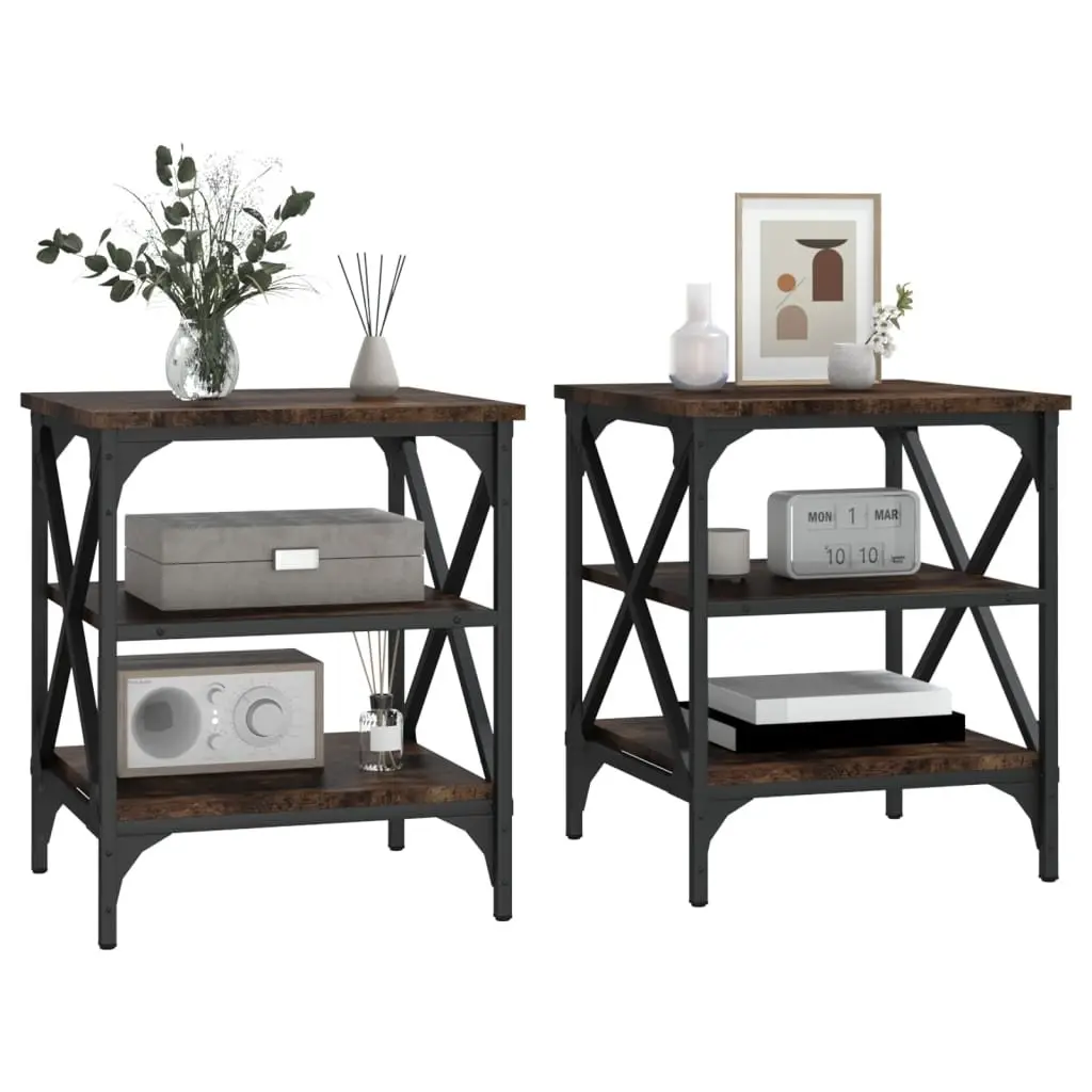 End Tables for Living Room or Bedroom 2 Piece Brown Industrial Side Table Engineered Wood Storage Furniture