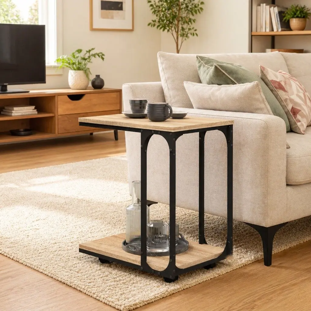 C-Shape End Table for Living Room with Wheels Brown Engineered Wood
