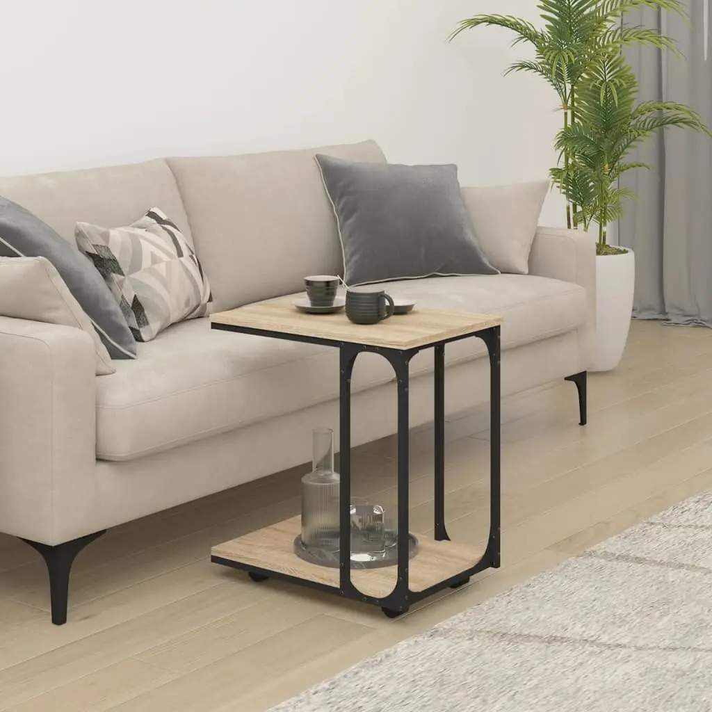 C-Shape End Table for Living Room with Wheels Brown Engineered Wood