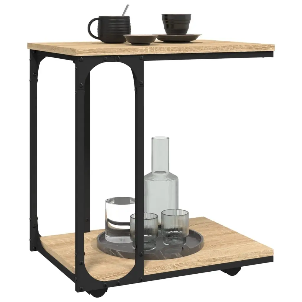 C-Shape End Table for Living Room with Wheels Brown Engineered Wood
