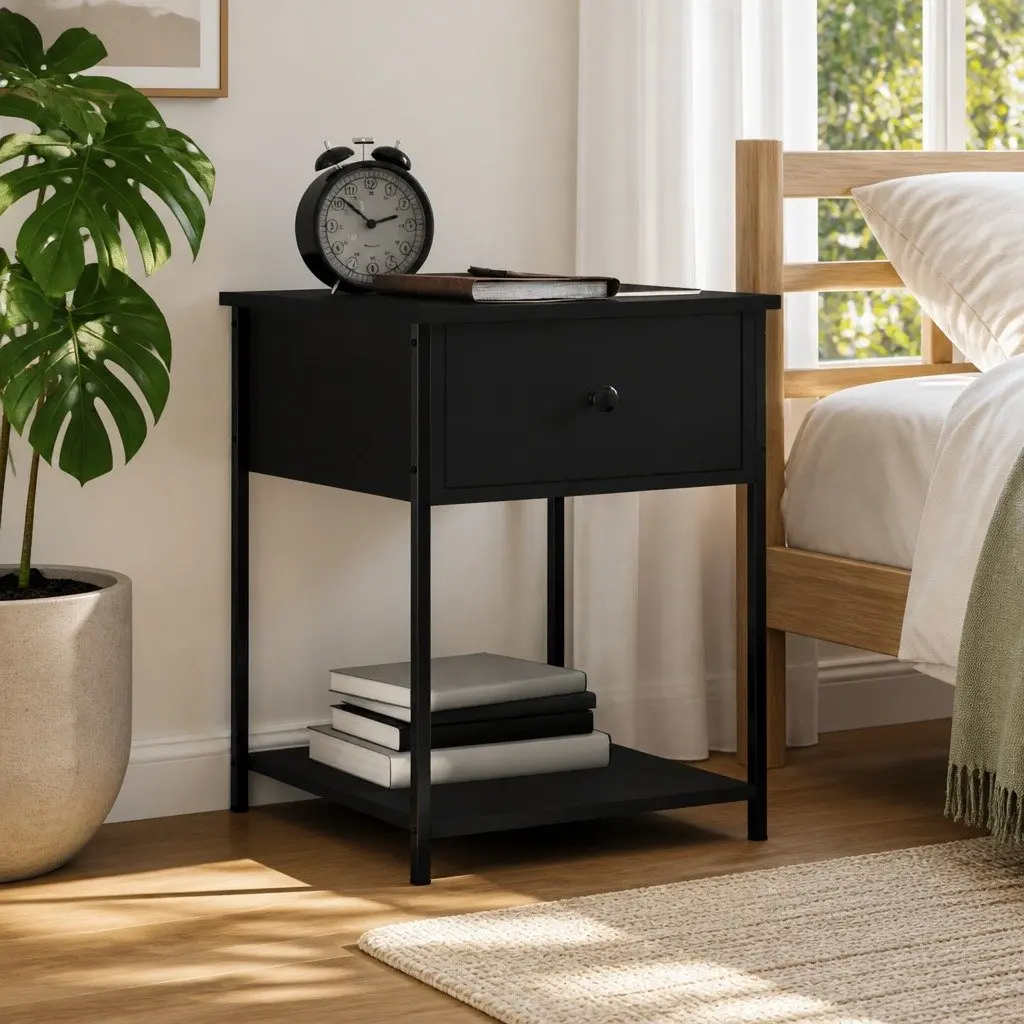 Bedside Table Black 44x45x58cm Side Cabinet Storage Nightstand Furniture
