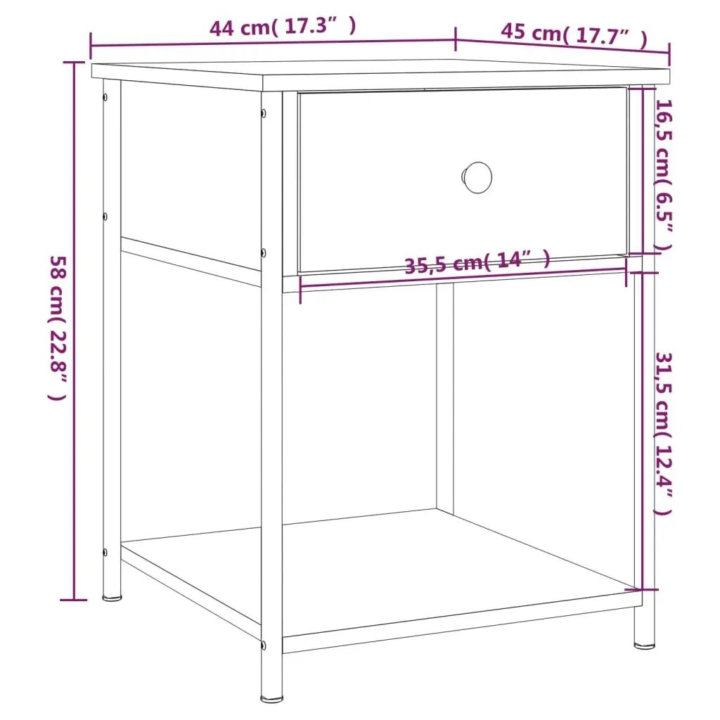 Bedside Table 44x45x58cm Black Storage Cabinet Engineered Wood Metal Frame