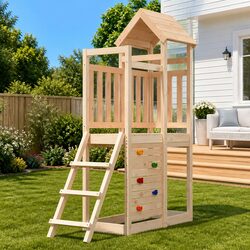 Outdoor Wooden Playset with Rockwall Ladder Garden Play Structure Brown