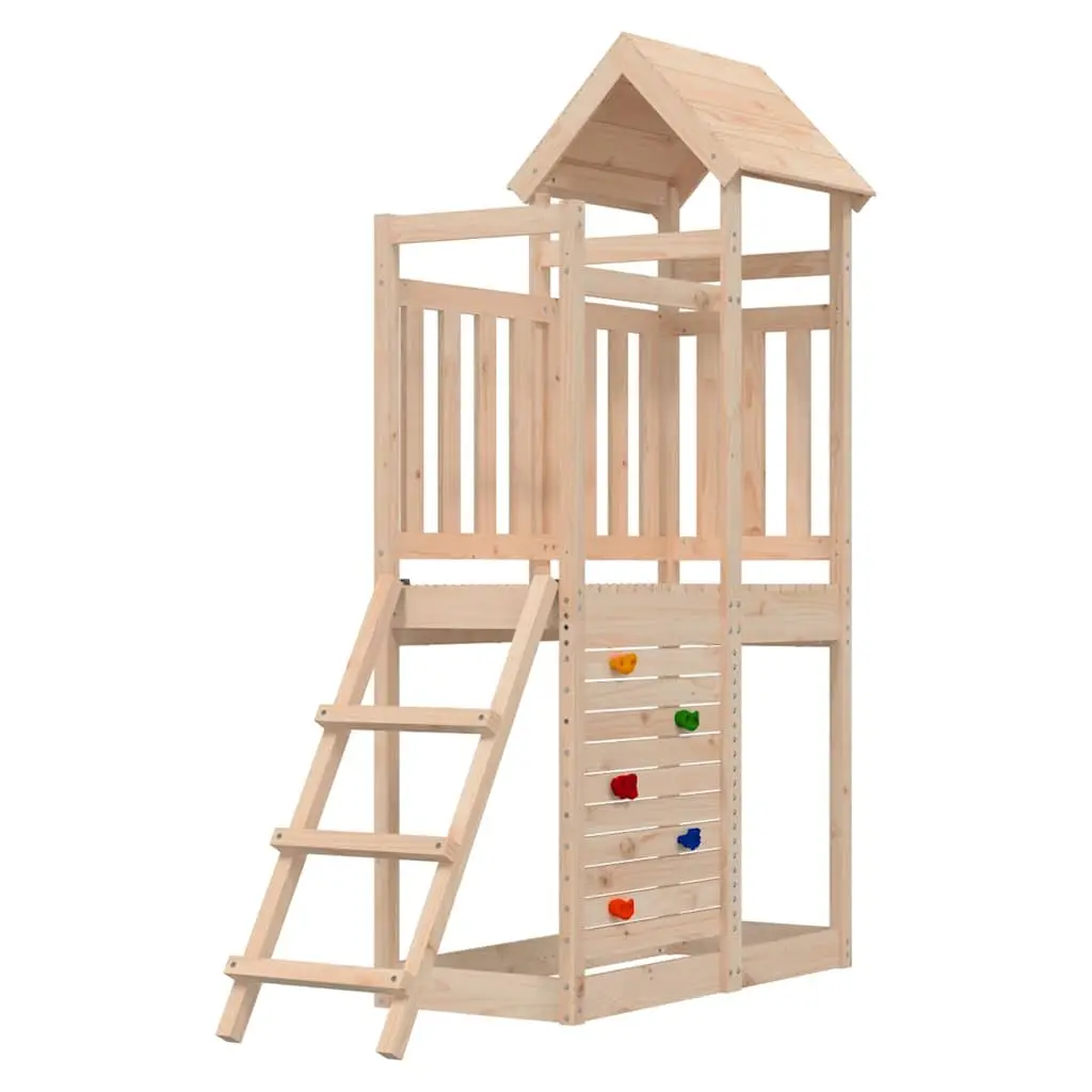 Wooden Playset for Outdoor Use with Rockwall and Ladder Brown