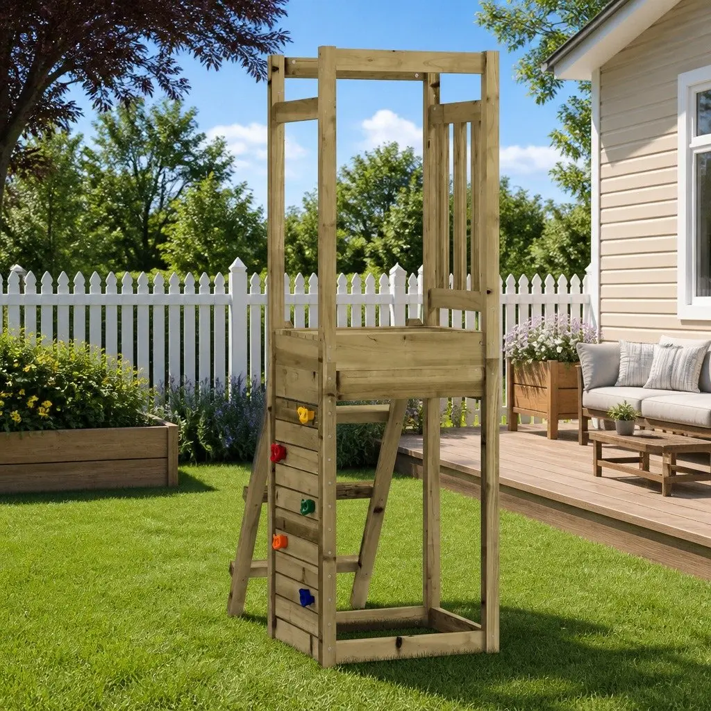Wooden Outdoor Playset with Rockwall Ladder Garden Play Equipment Brown