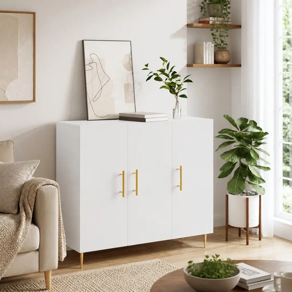Sideboard Storage Cabinet 90x34x80cm White Engineered Wood with Metal Legs for Living Room