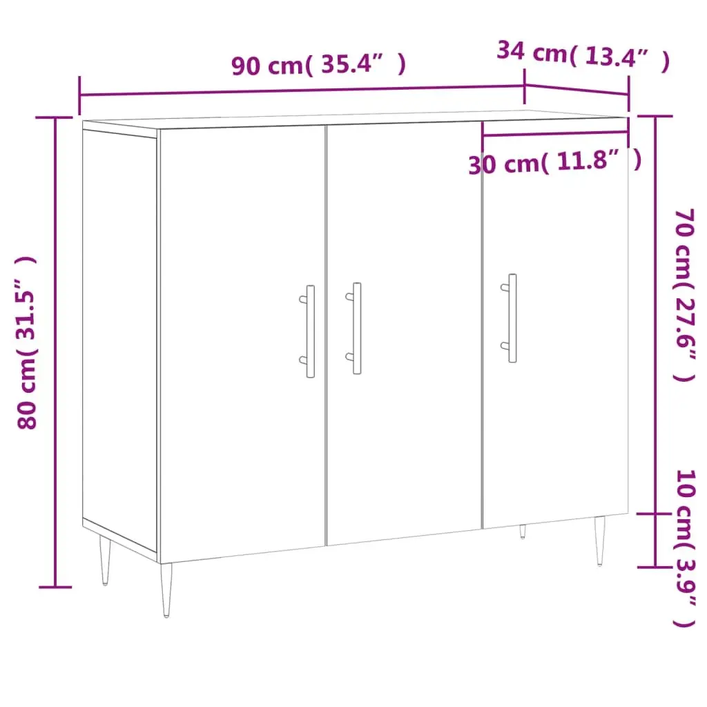 Sideboard Storage Cabinet 90x34x80cm White Engineered Wood with Metal Legs for Living Room