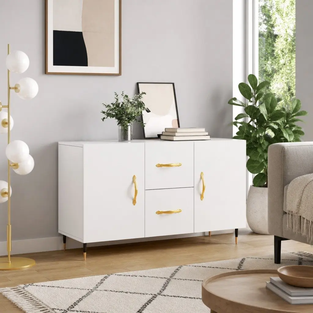 Sideboard White Storage Cabinet Engineered Wood Buffet with Metal Legs