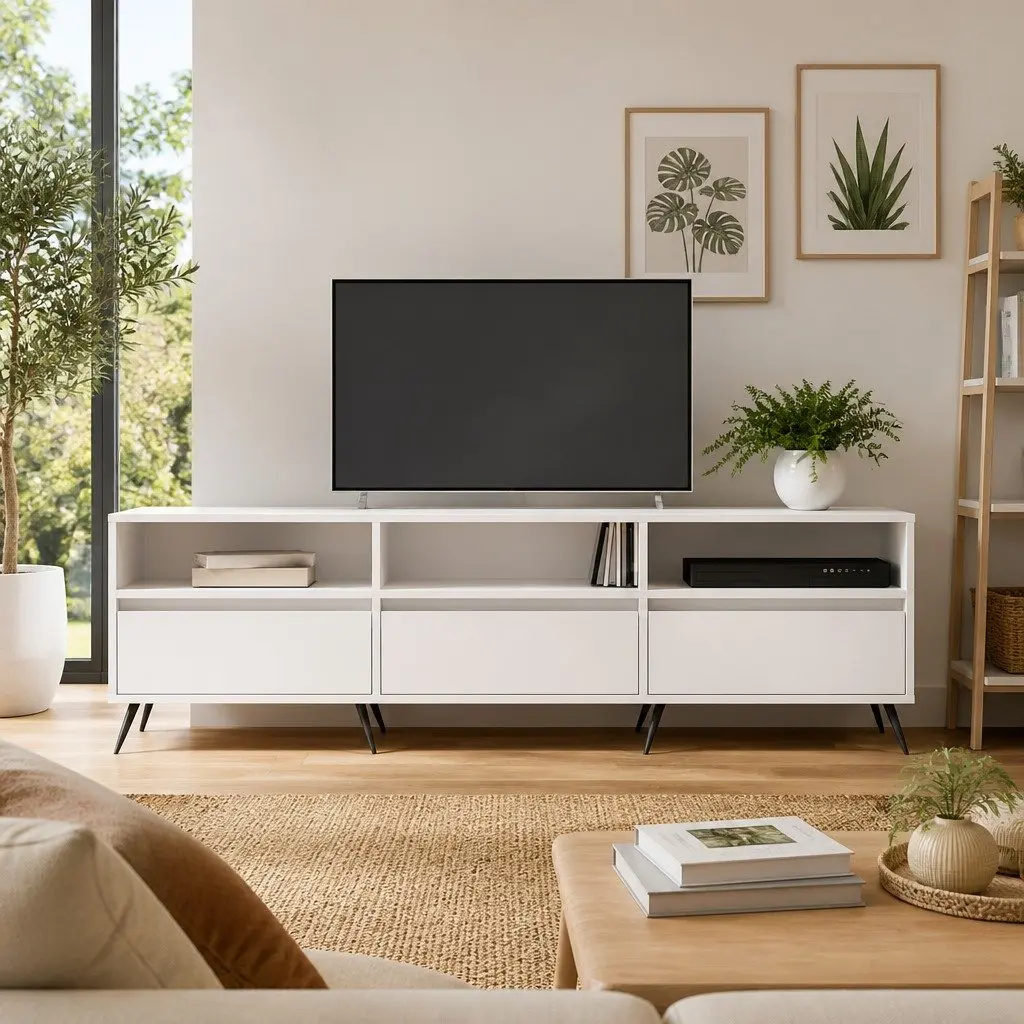 TV Cabinet White Living Room 150x30x44.5 cm Engineered Wood Storage Unit with 6 Compartments