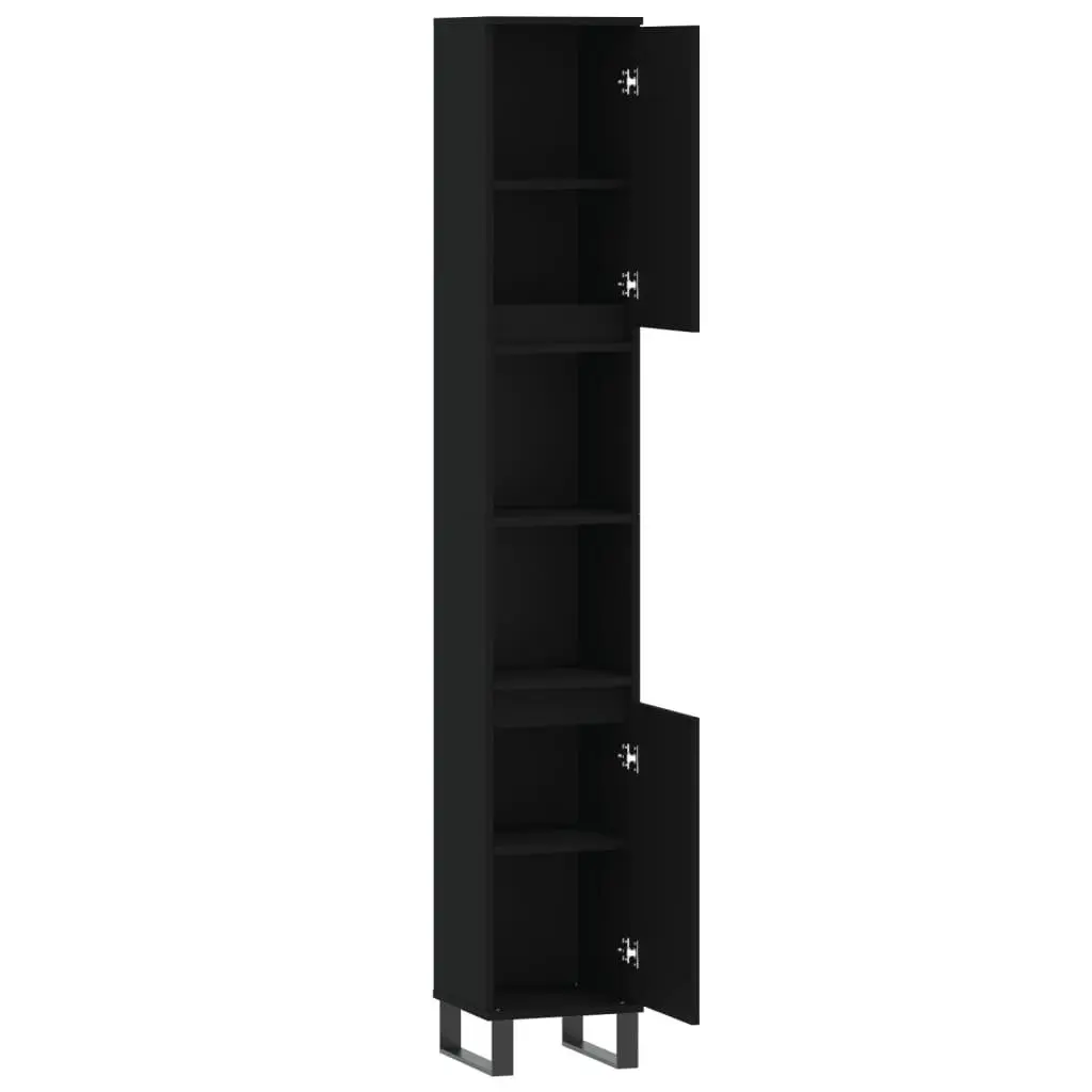 Black Tall Storage Cupboard for Bathroom 30x30x190 cm with Doors and Shelves