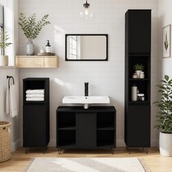 Black Bathroom Cabinet - Dimensions 30x30x100 cm, Engineered Wood