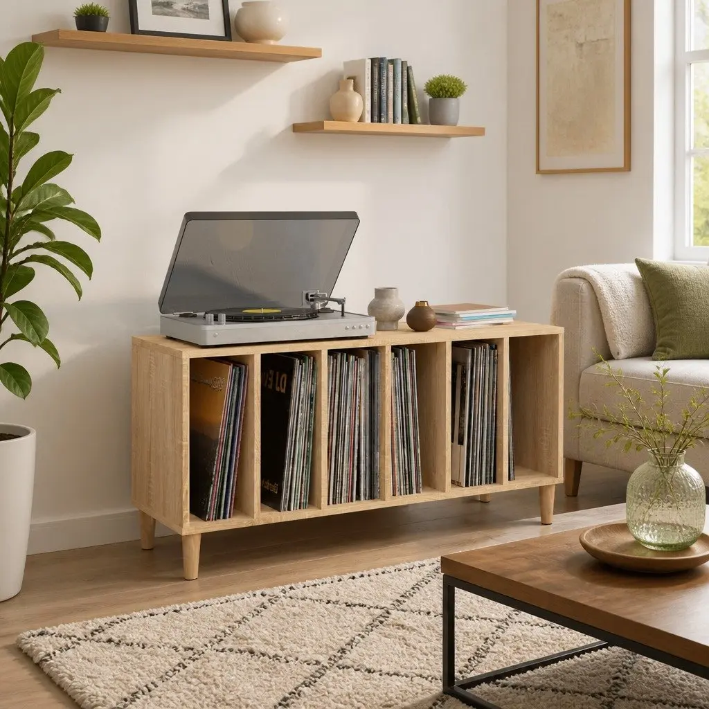 Record Storage Cabinet Brown Engineered Wood Vinyl LP Display Organizer