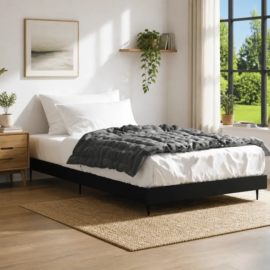 90x190 cm Black Bed Frame with Metal Legs and Slatted Base