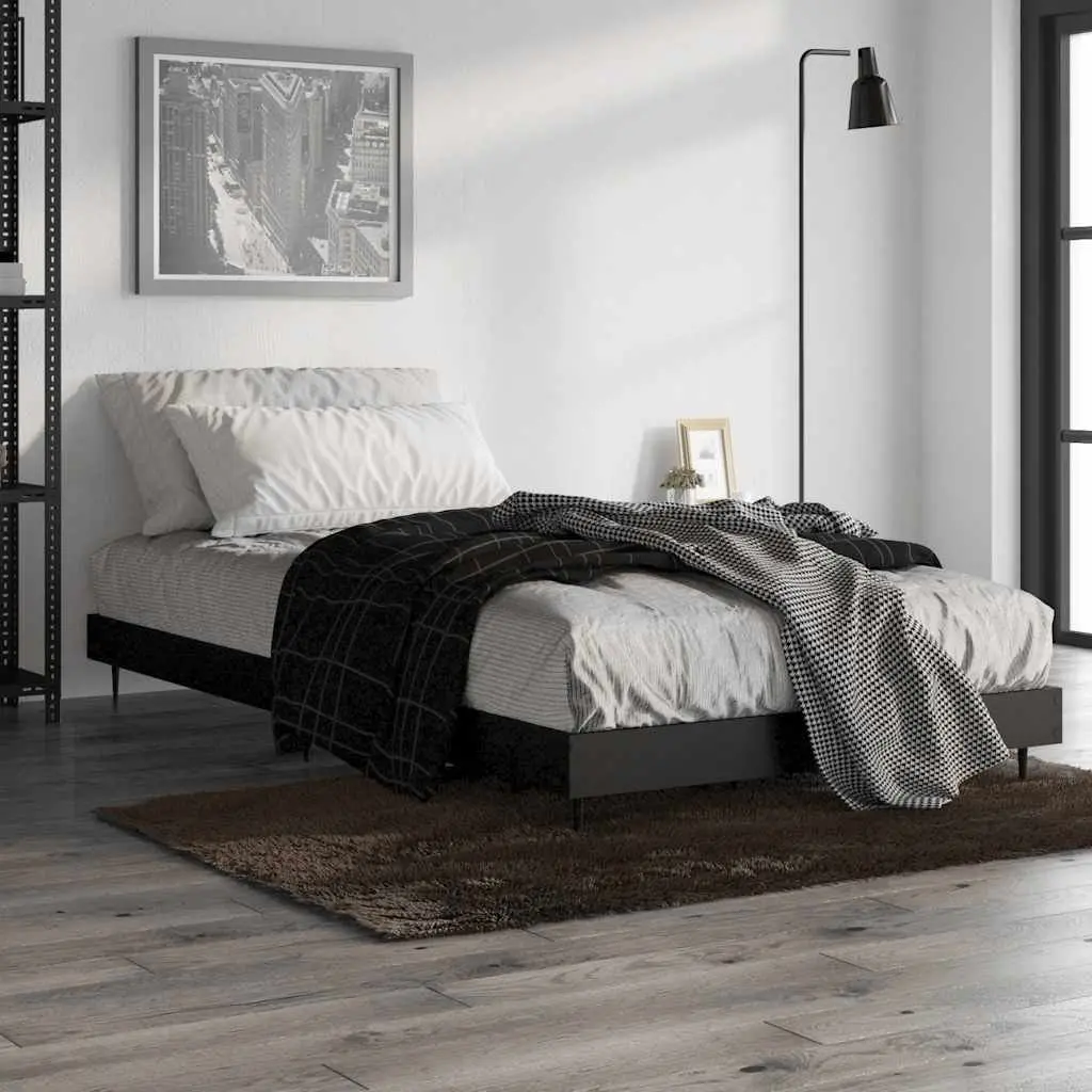 90x190 cm Black Bed Frame with Metal Legs and Slatted Base