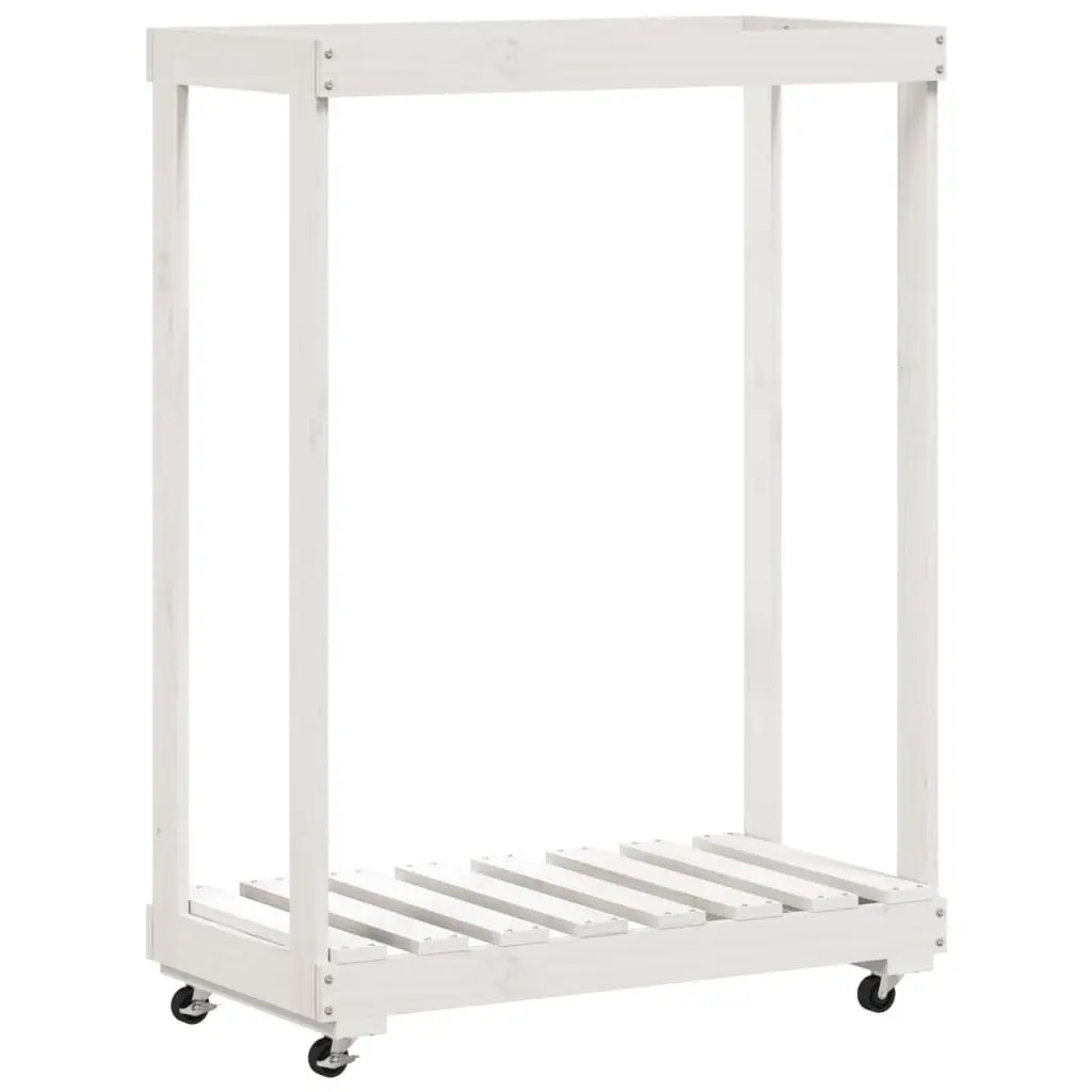 Wooden Log Holder Indoor Outdoor with Wheels White Storage Rack 76.5 x 40 x 108 cm