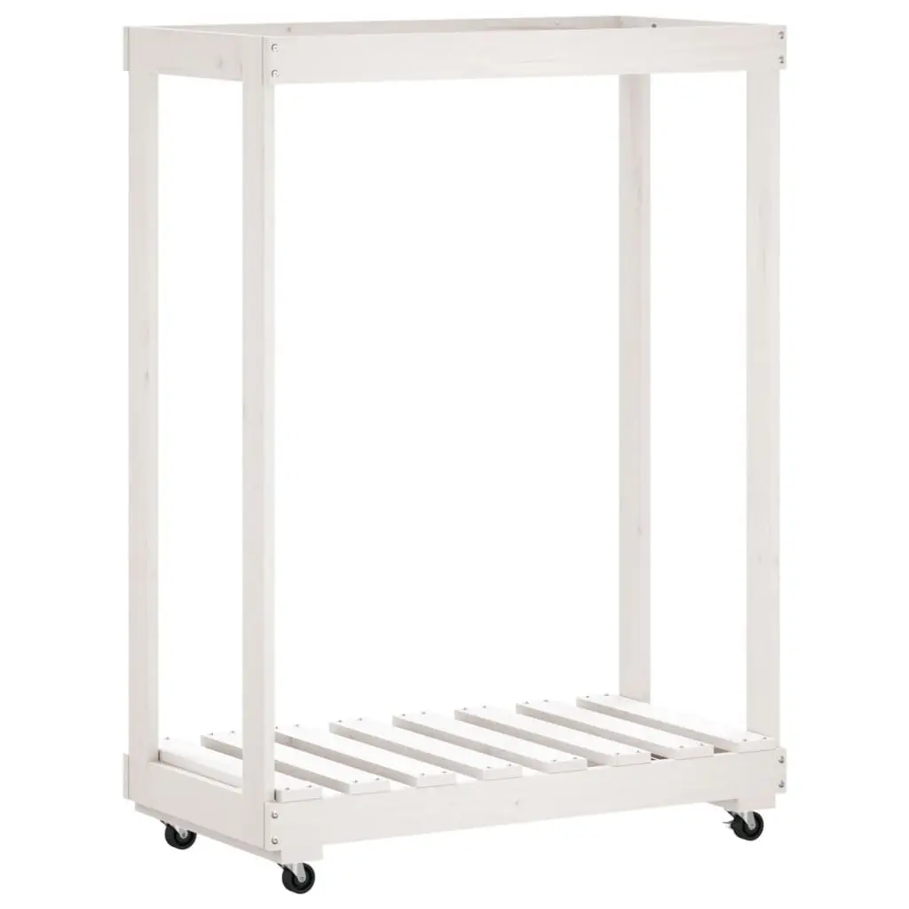 Wooden Log Holder Indoor Outdoor with Wheels White Storage Rack 76.5 x 40 x 108 cm